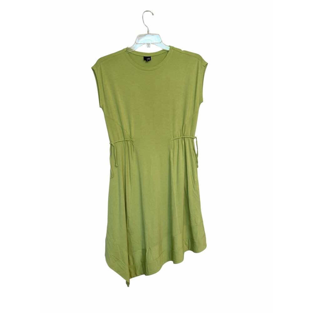 Lisa Bayne Dress Small Avocado Green Bamboo Cotton Asymmetrical Lagenlook Artsy